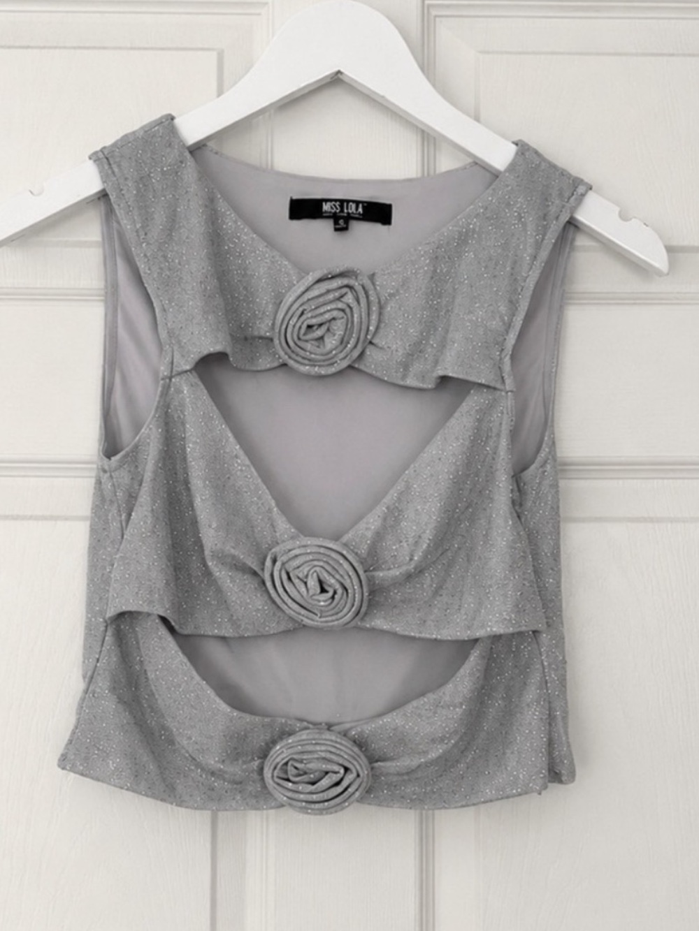 Silver Sparkle Rosette cutout top Y2K party club wear size medium
